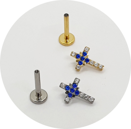 Labret Cruz Zircônia Azul cravejada - Natural e PVD Gold