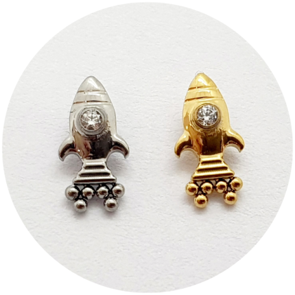 Labret Foguete com Zircônia 6B - Natural e PVD Gold - Haste em titânio natural