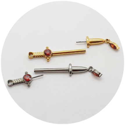 Barbel Reto Faca com zircônia vermelha Push Pin PVD Gold