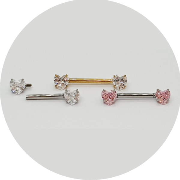T537-1878-3022-3222-3481 BARBEL RETO CORAÇÃO ZIRCONIA PRONGSET - BRANCO OU ROSA - NATURAL OU PVD GOLD - Imagem 1